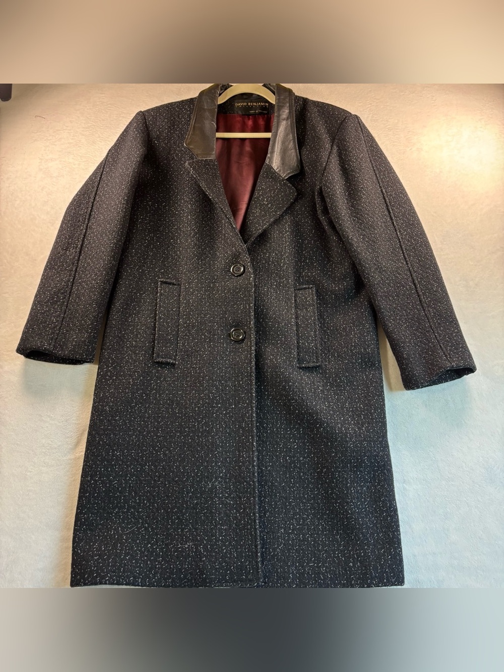 Women's Black Wool Tweed Pea Coat with Leather Collar
